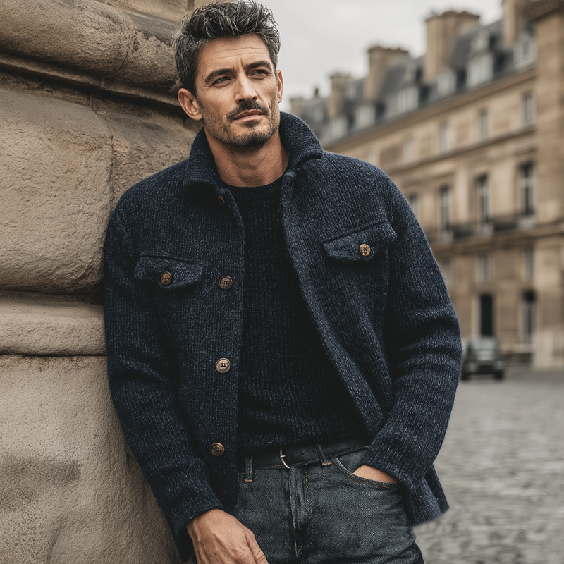 Men's Retro Navy Blue Stand Collar Button Knit Cardigan MTA3194J2U