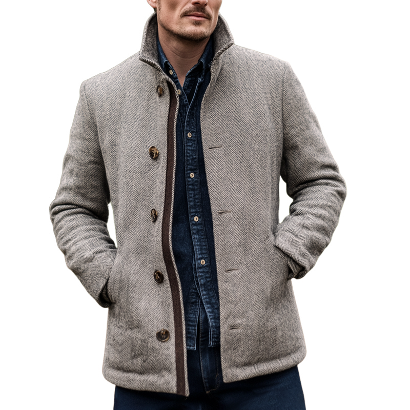Men's Vintage Herringbone Stand Collar Single Breasted Jacket MTA0916I3Z