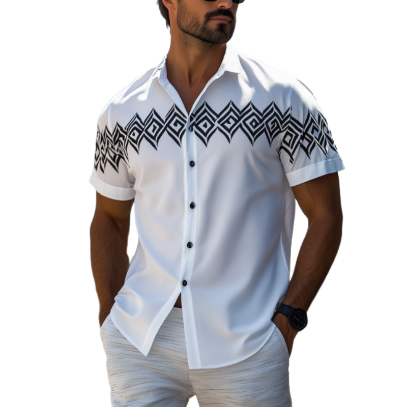 Men's Fashion Spring Summer Casual Retro Printed Short Sleeve Shirt 42219382K