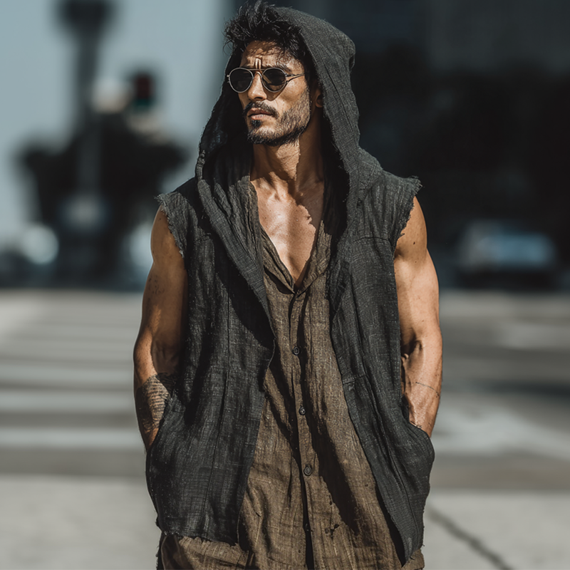 Men's Cotton And Linen Solid Color Sleeveless Hooded Tank Top MTA1760G9X