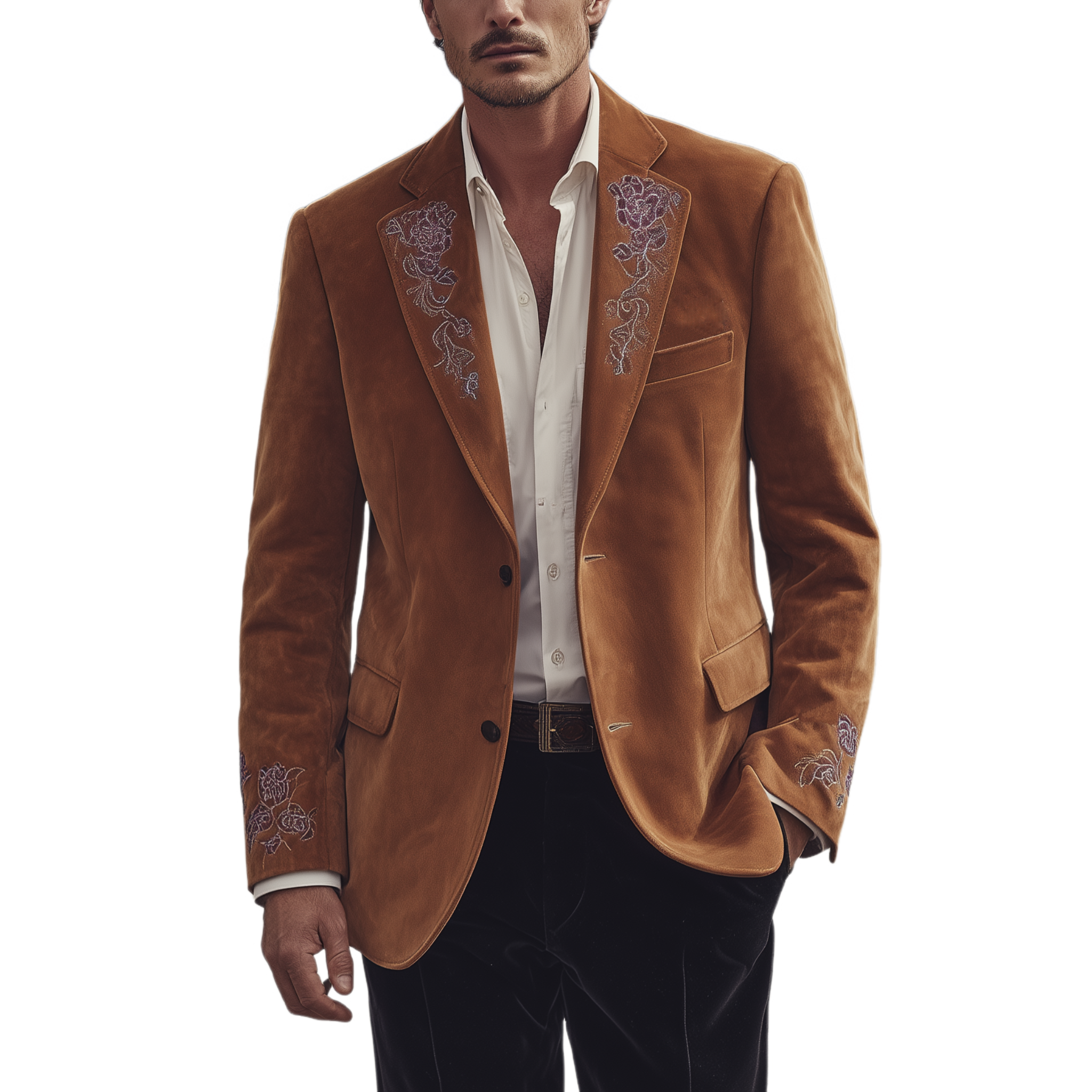 Men's Classic Retro Western Style Suede Collar And Cuff Embroidery Single-breasted Blazer MTA2841H1K
