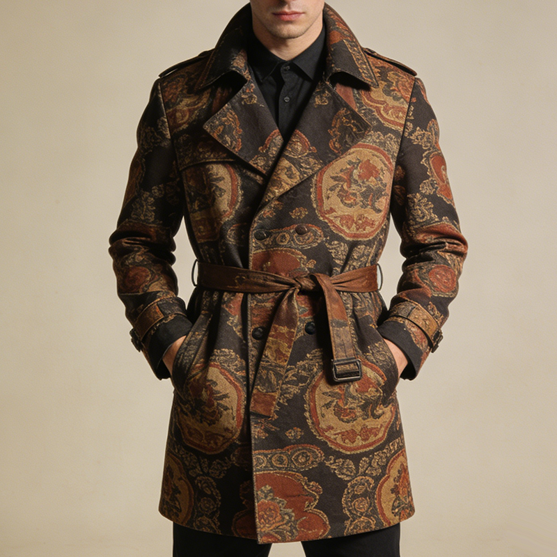Men's Retro Casual Court Style Printed Lapel Belt Coat MTA1511L3TO