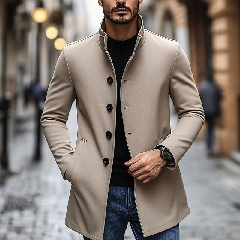 Men's Casual Solid Color Lapel Button Mid-length Coat MTA3047J4X
