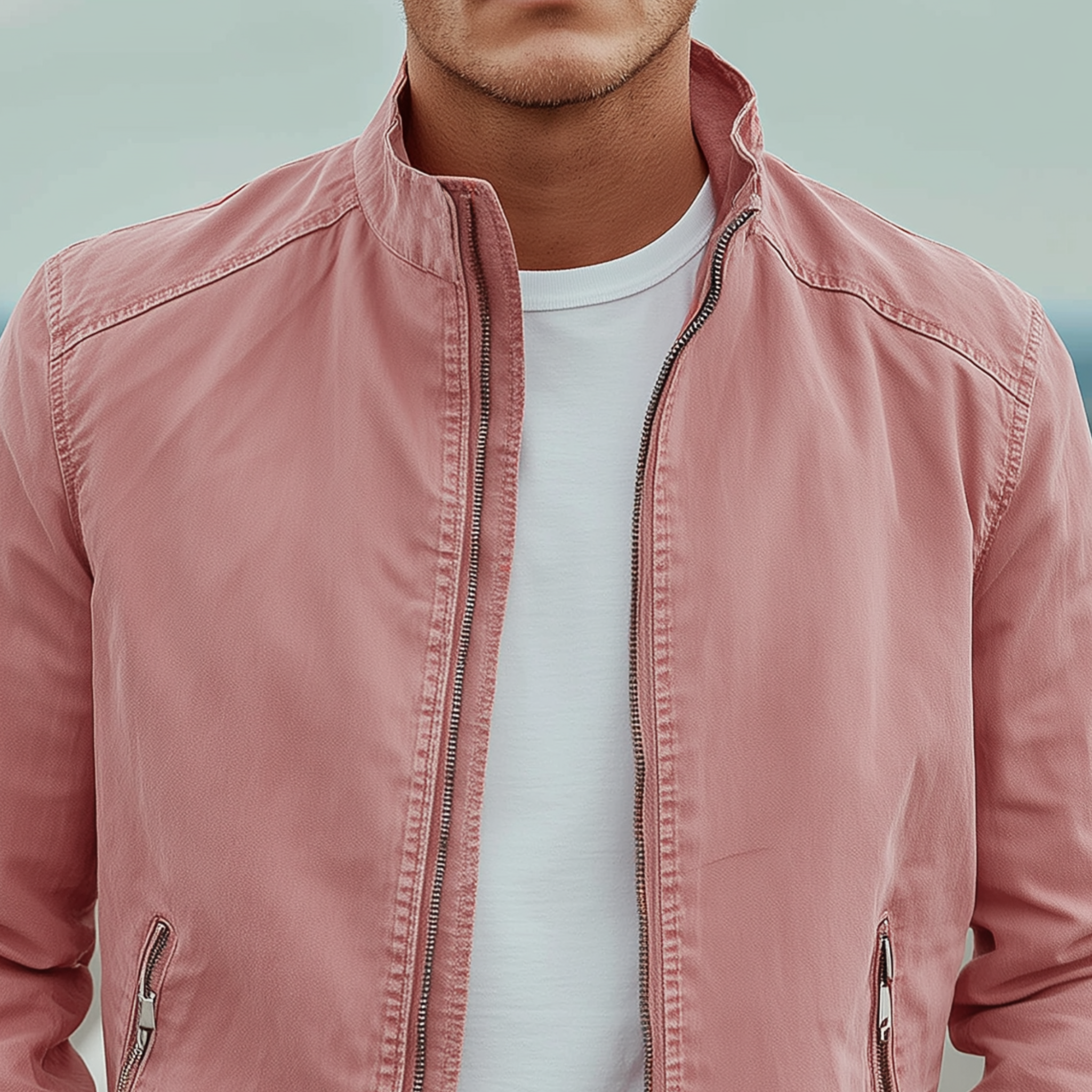 Men's Classic Casual Stand Collar Pink Cotton Blend Zip-Up Jacket MTA1080I6K