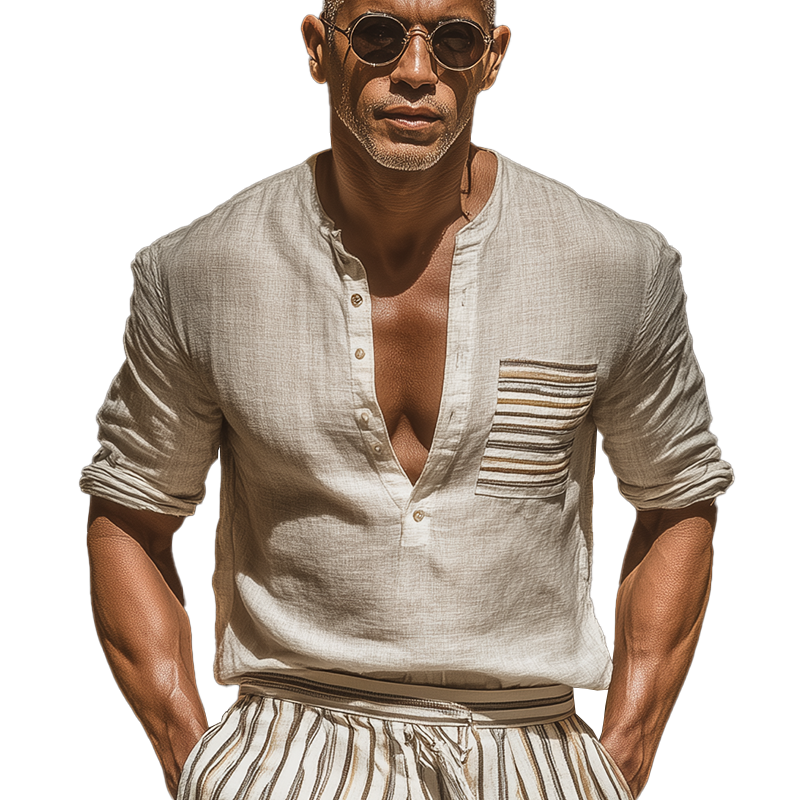 Men's Summer Slub Linen V Neck Long Sleeve T-Shirt MTA1818G4P