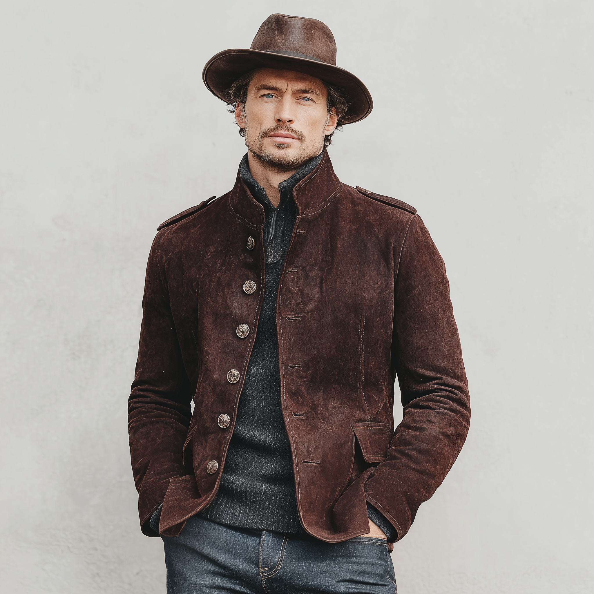 Men's Classic Retro Western Style Stand-up Collar Faux Suede Jacket MTA1757K0K