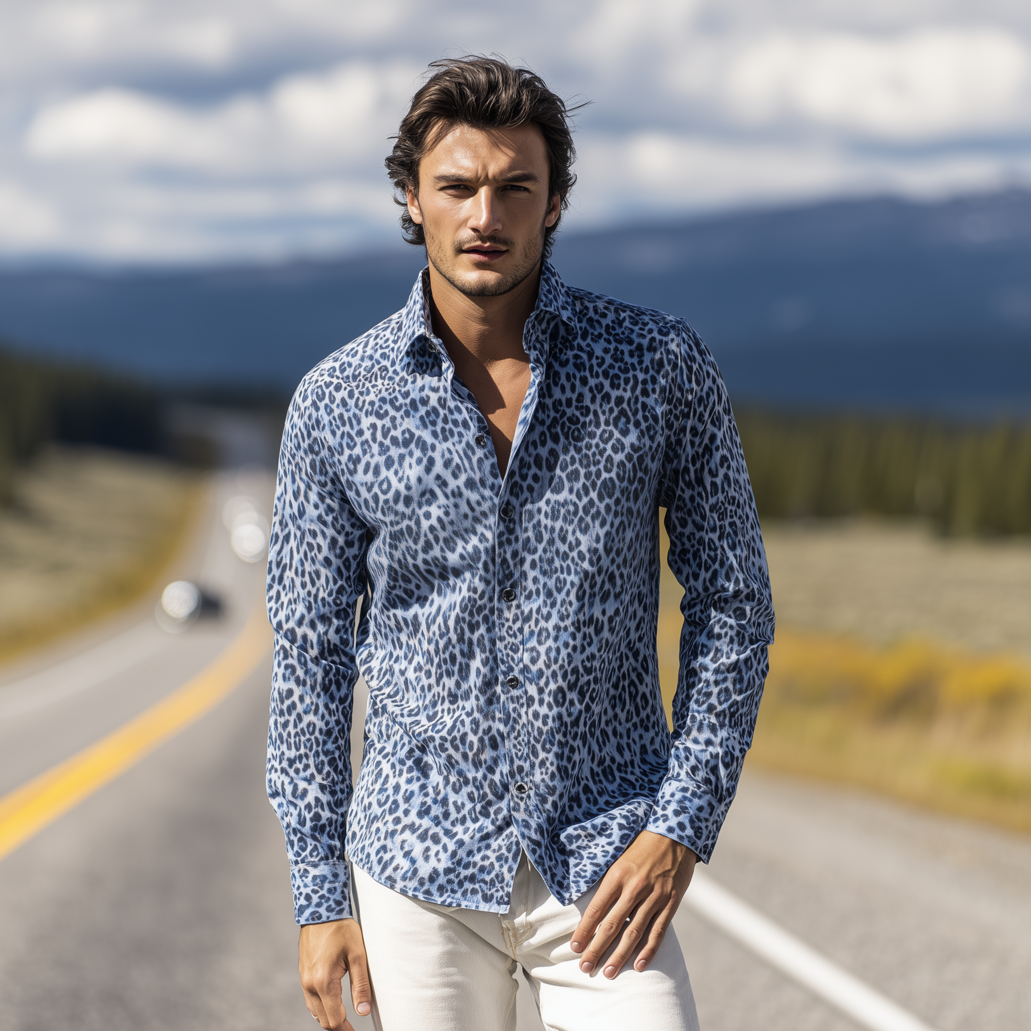 Men's Classic Casual Leopard Print Cotton Blend Slim Fit Long Sleeve Shirt MTA0766H5K