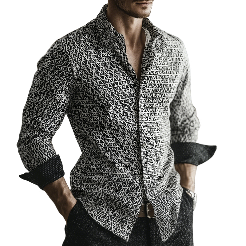 Men's Retro Casual Geometric Cycle Print Lapel Long Sleeve Shirt MTA2830G8TO