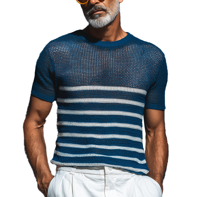 Men's Summer Retro Striped Knitted Hollow Short Sleeve T-Shirt MTA1895G5P