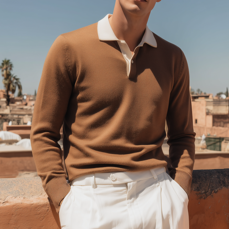 Men's Vintage Elegant Colorblock Lapel Slim Fit Pullover Knitted Long Sleeve Polo Shirt MTA0130H3M