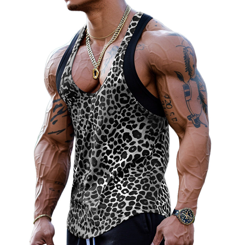 Camiseta sin mangas con cuello en U y estampado de leopardo para hombre, 03756297M