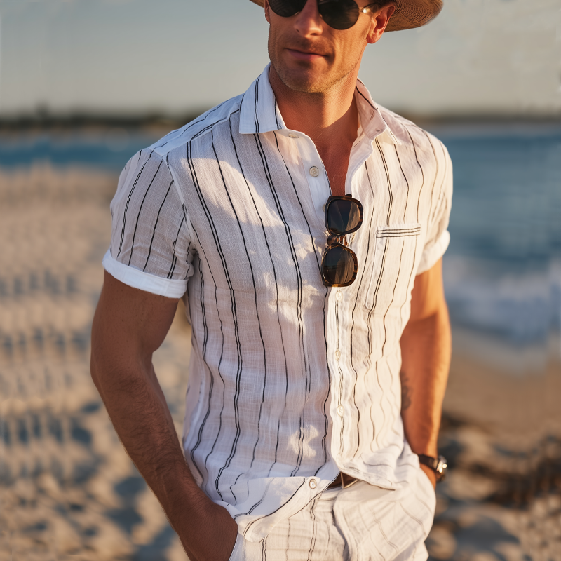 Men's Casual Vertical Striped Cotton Short Sleeve Shirt MTA0780G9U