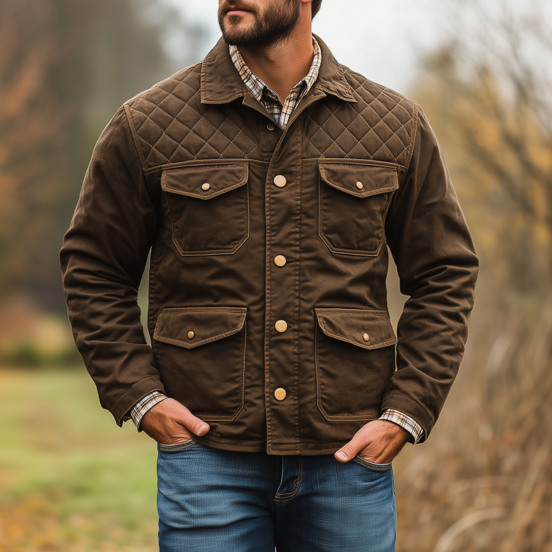 Men's Vintage Solid Color Cotton Washed Distressed Lapel Single-breasted Multi-pocket Loose Work Jacket MTA1861H3M