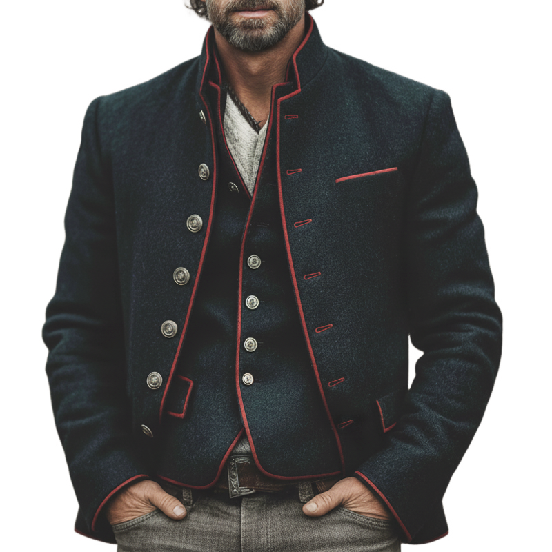 Men's Retro Business Stand Collar Multi-Button Color-Blocked Trim Faux Wool Jacket MTA1803L2U