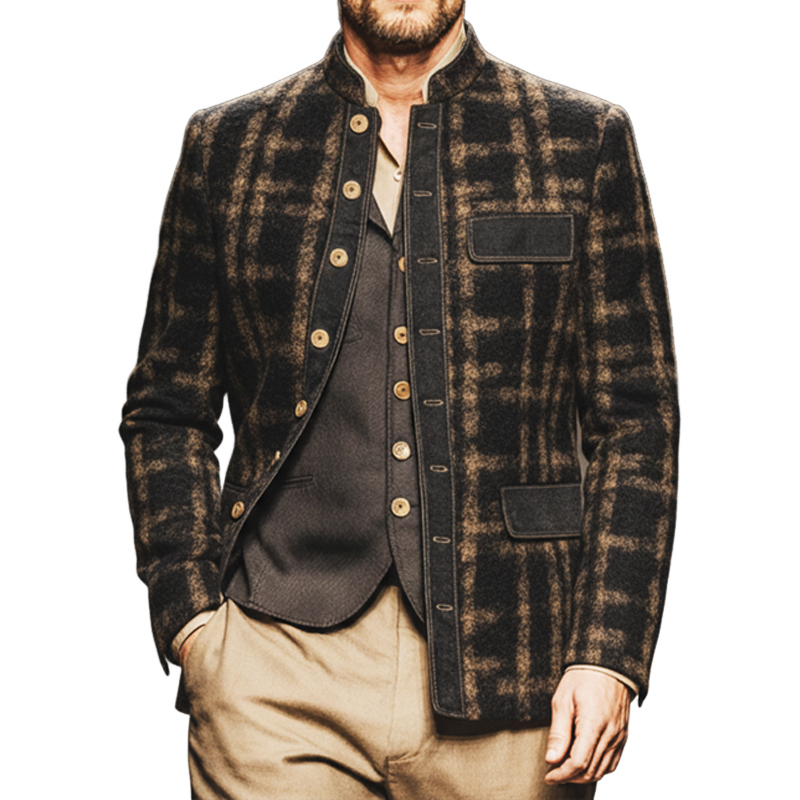 Men's Retro Stand-up Collar Imitation Wool Material Single Slit Multi-button Jacket MTA2469J2U