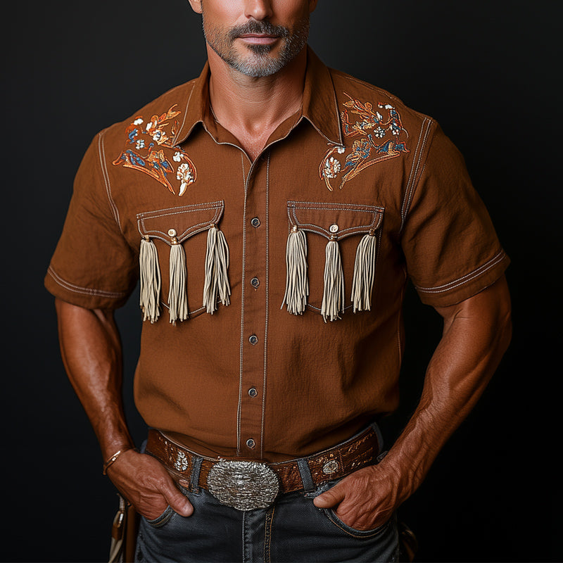Men's Western Cowboy Style Embroidered Tassel Short Sleeve Shirt MTA0912E5U