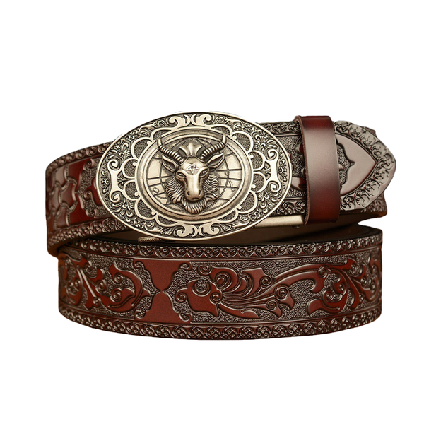 Men's Vintage Cowhide Personalized Carved Automatic Buckle Belt MTA0967F5U