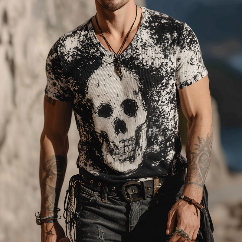 Men's Retro Casual Skull Print Round Neck Short Sleeve T-Shirt MTA1039G0TO