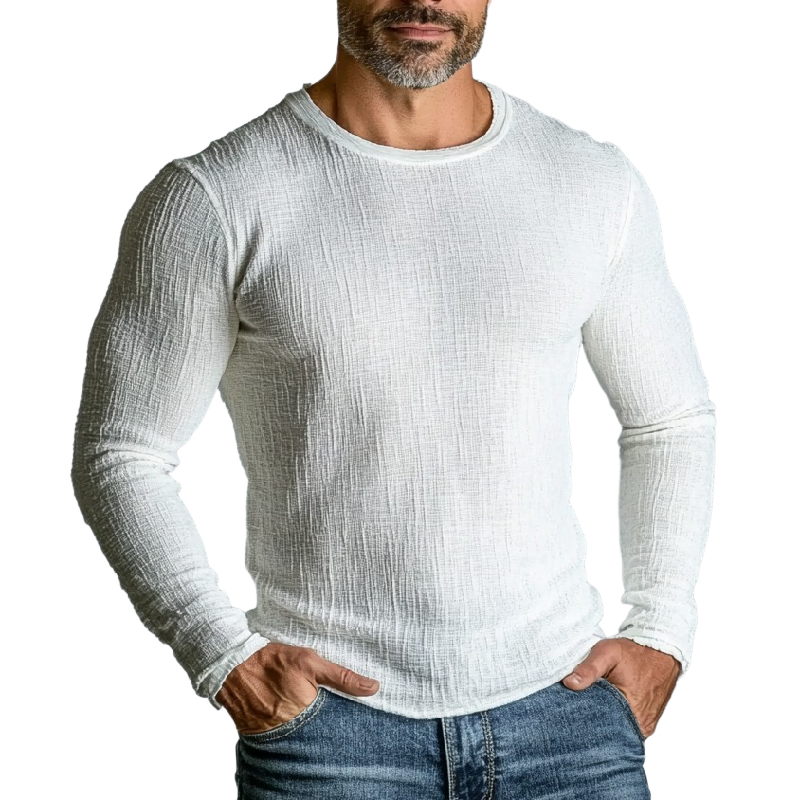 Men's Retro Linen Casual Solid Color Slightly Elastic Round Neck Long Sleeve T-Shirt 27765764TO