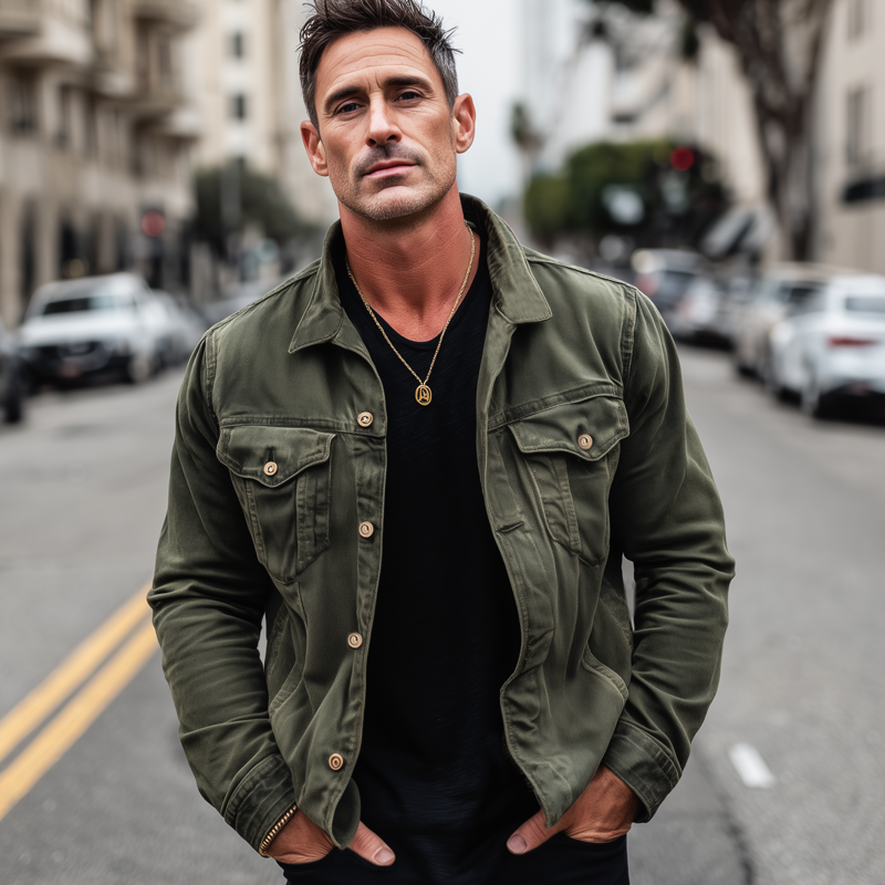 Men's Vintage Distressed Army Green Button-down Lapel Jacket MTA1854H3U