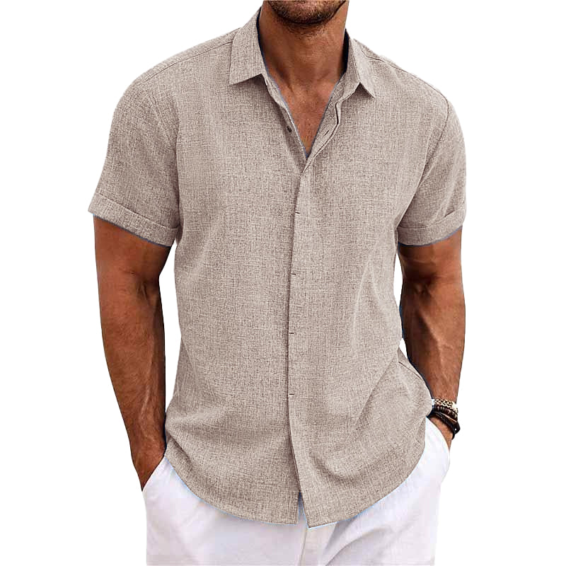 Camicia da uomo in cotone e lino a maniche corte con risvolto tinta unita 82339241X