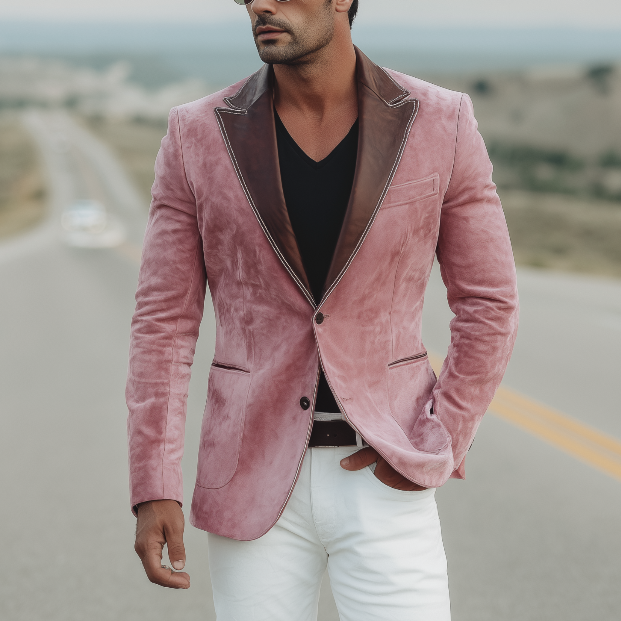 Men's Classic Retro Western Style Collar Stitching PU Leather Single-breasted Pink Suede Blazer MTA1911H0K