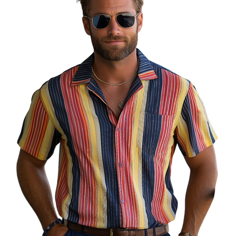 Men's Summer Classic Colorblock Striped Short Sleeve Shirt MTA2072F6U