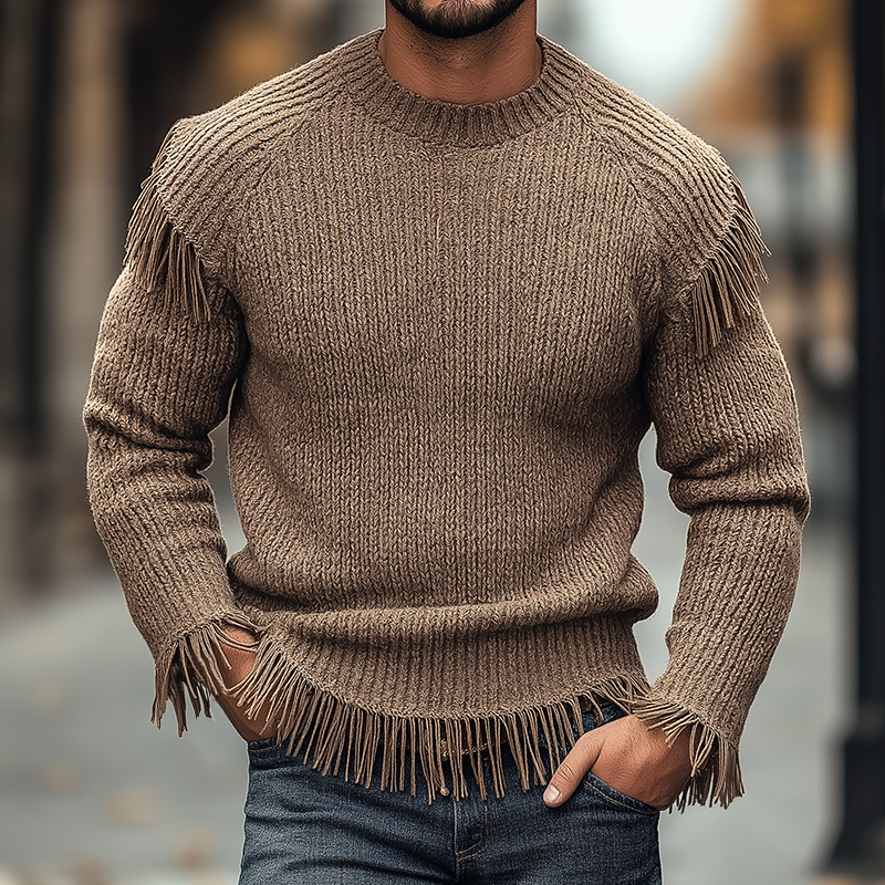 Men's Retro Casual Tassel Crew Neck Sweater MTA1950H8TO