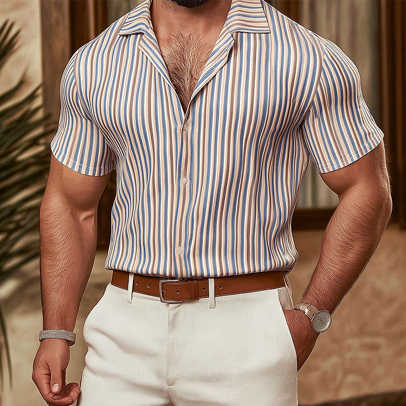 Men's Summer Fashion Striped Knitted Short Sleeve Shirt MTA2257G9P