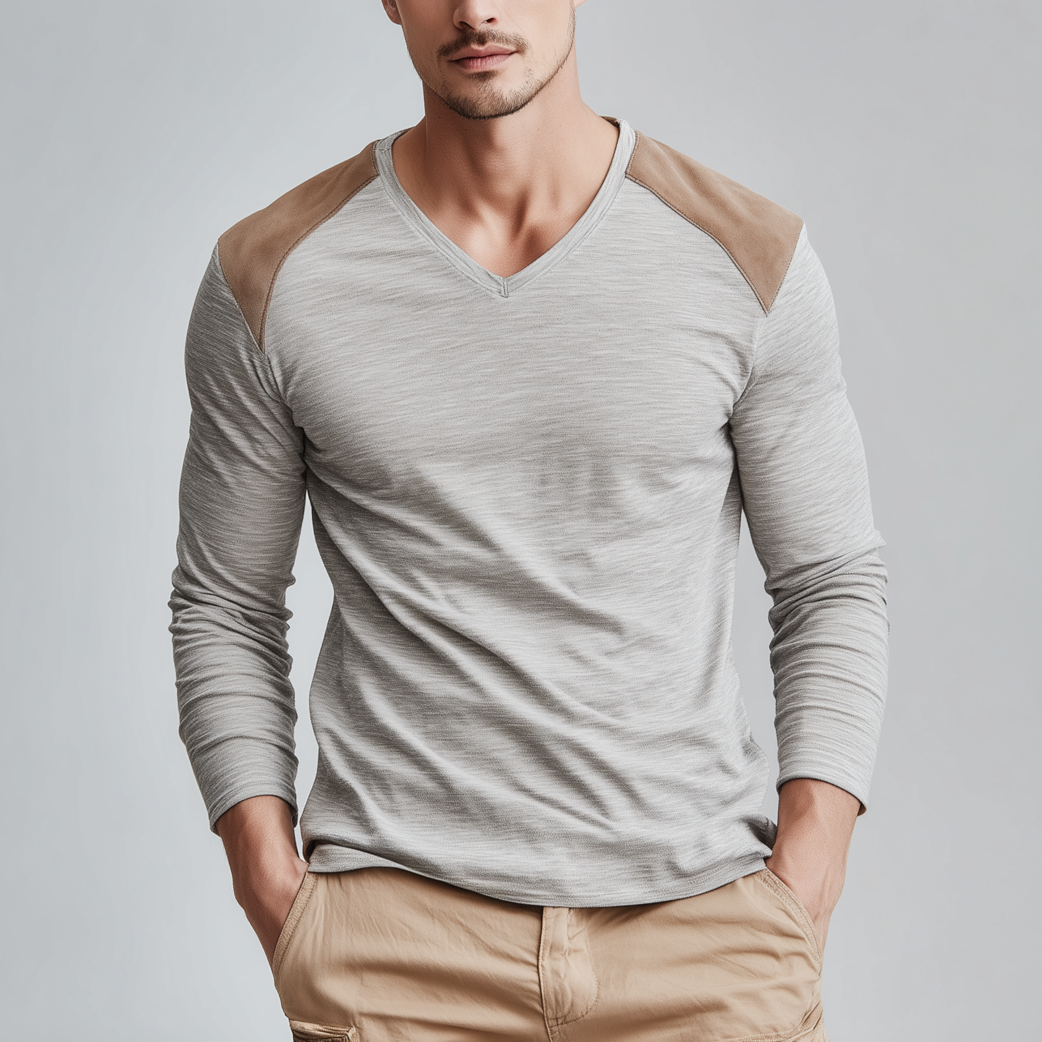 Men's Classic Casual Shoulder Stitching Thin Suede V-neck Bamboo Cotton Slim Long-sleeved T-shirt MTA3047G6K