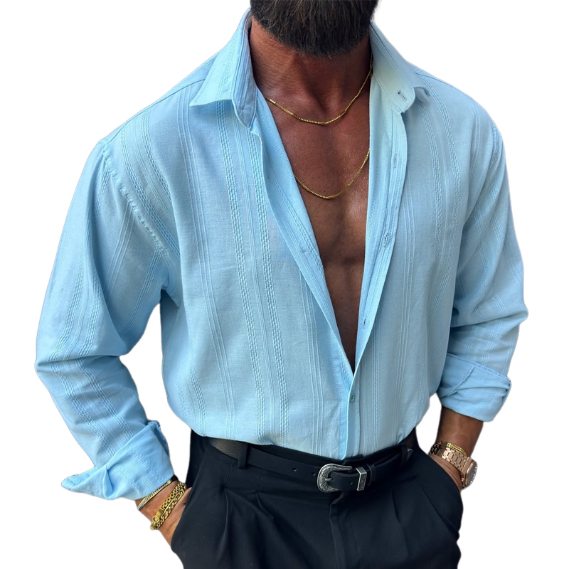 Men's Vertical Striped Jacquard Lapel Long Sleeve Shirt MTA3185G1Z