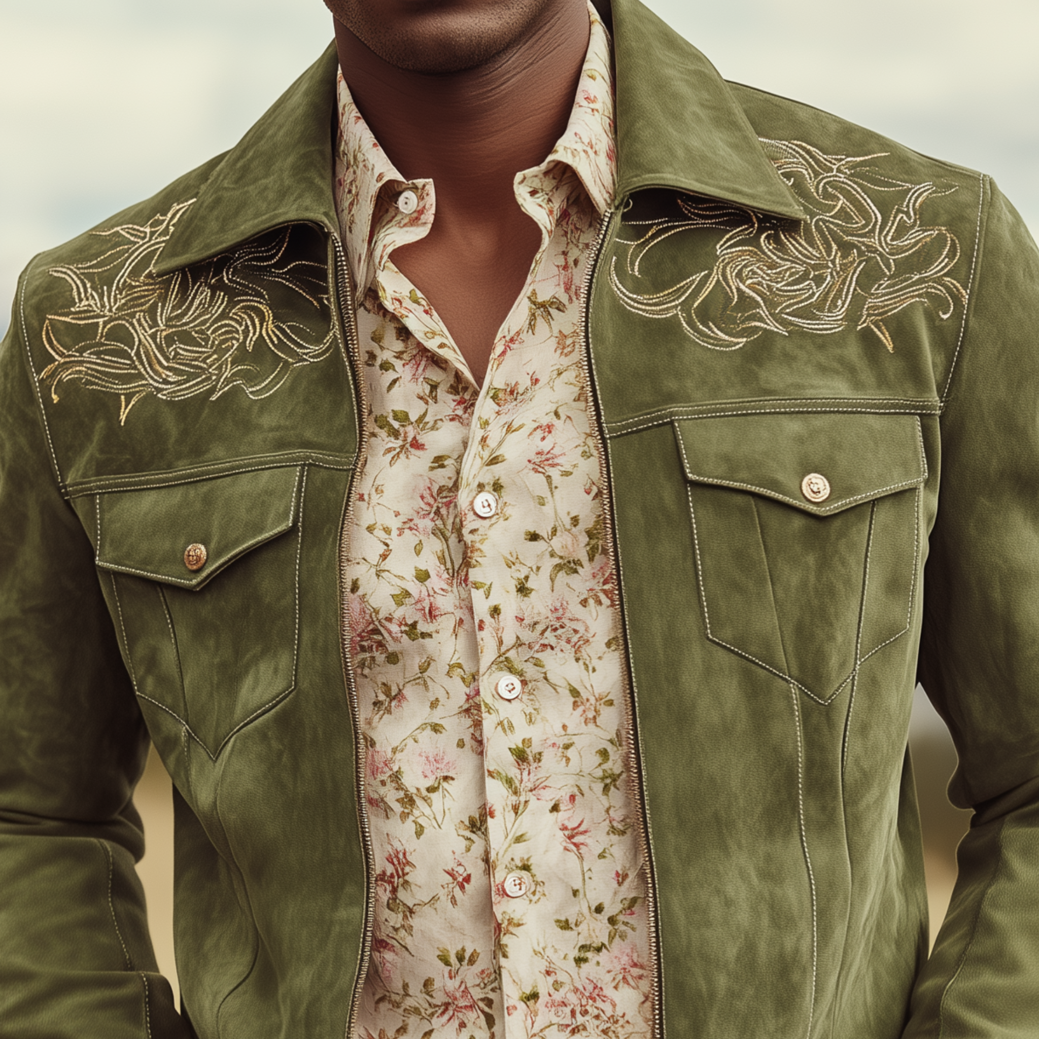Men's Classic Casual Shoulder Embroidered Suede Lapel Zip-up Jacket MTA2714H9K