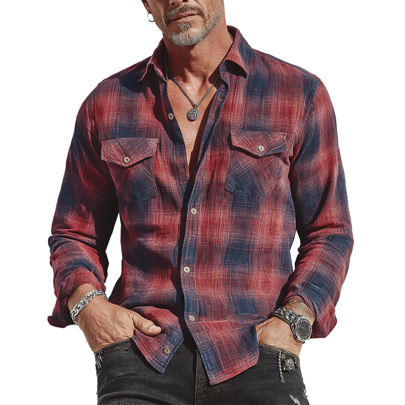 Men's Summer Check Print Linen Blend Long Sleeve Shirt MTA1561G7P