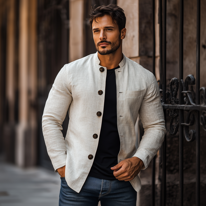 Men's Casual Solid Color Breathable Linen Stand Collar Slim Fit Long Sleeve Shirt Jacket MTA1790G6M