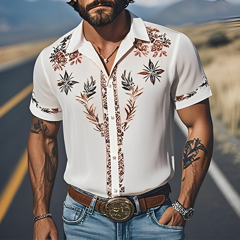 Men's Spring And Summer Fashion Casual Western Cowboy Style Light Chiffon Fabric Printed Short-sleeved Shirt MTA1632E8K