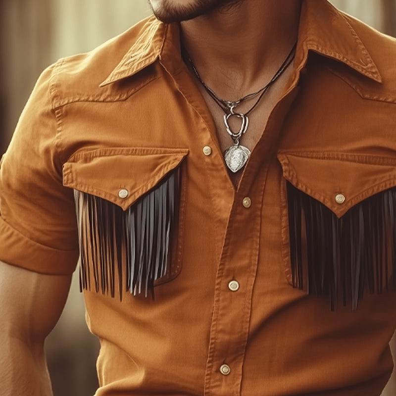 Men's Summer Western Cowboy Style Tassel Denim Short Sleeve Shirt MTA2064E6U
