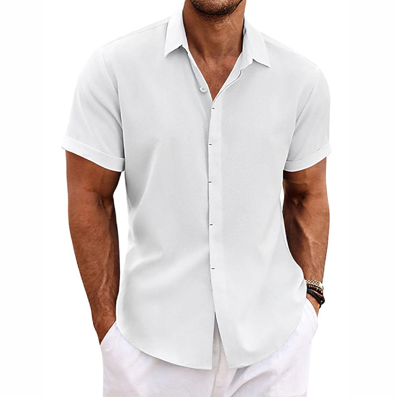 Chemise à manches courtes en coton et lin à revers de couleur unie pour hommes 82339241X