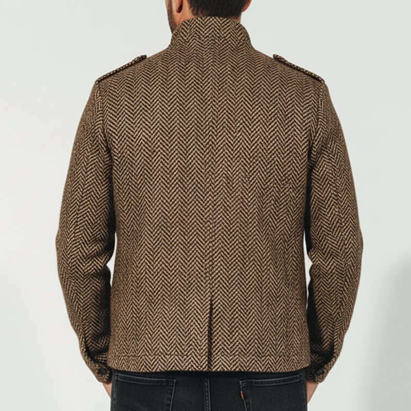 Men's Classic Stand-up Collar Herringbone Faux Wool Zip-up Snap-button Jacket MTA1893K4U