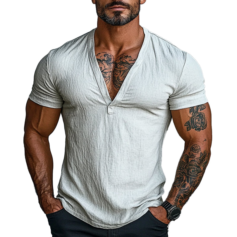 Men's Solid Color V-neck Short-sleeved Cotton T-shirt 42809952X