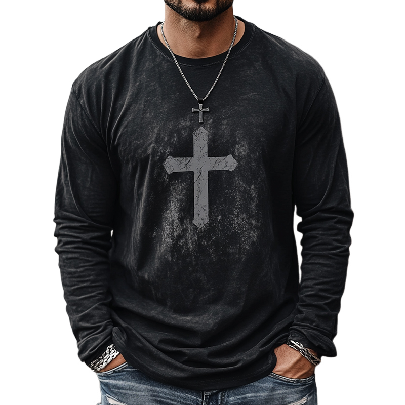 Men's Retro Casual Cross Printed Round Neck Long Sleeve T-Shirt 60532299TO