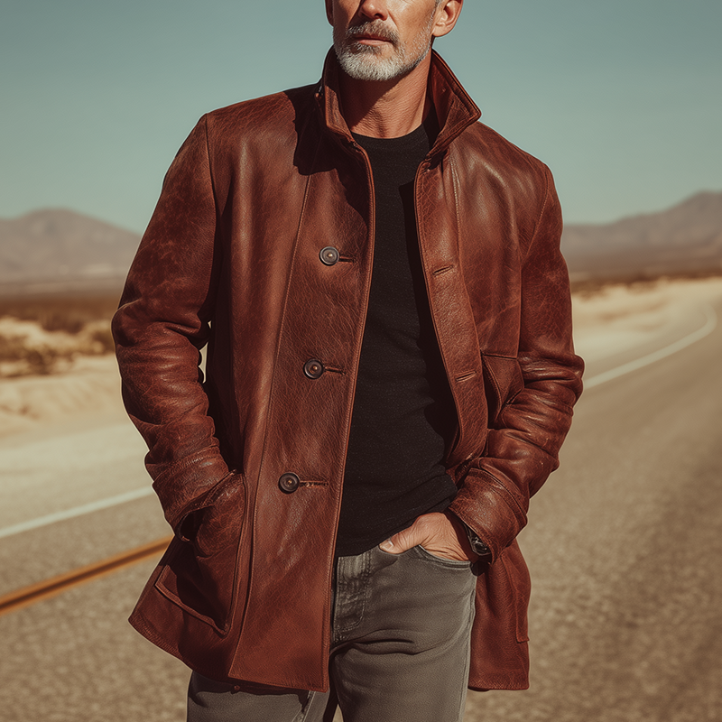 Men's Western Cowboy Retro Textured PU Leather Jacket MTA1129I2P