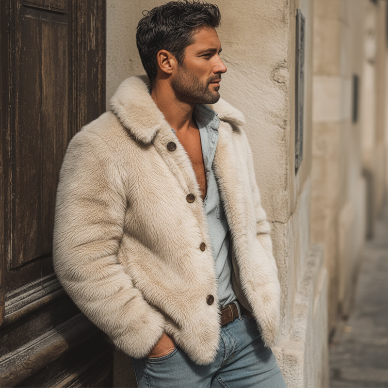 Men's Classic Warm Beige Faux Mink Button Jacket MTA0107K6U