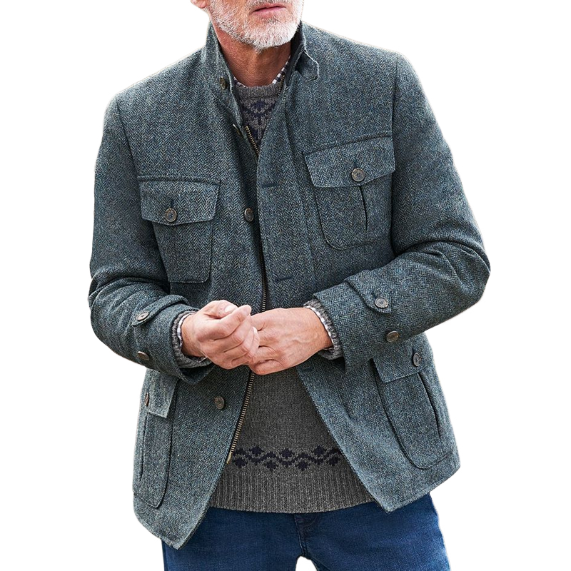 Men's Herringbone Stand Collar Multi-Pocket Single-Breasted Zipper Jacket MTA1604I2Z
