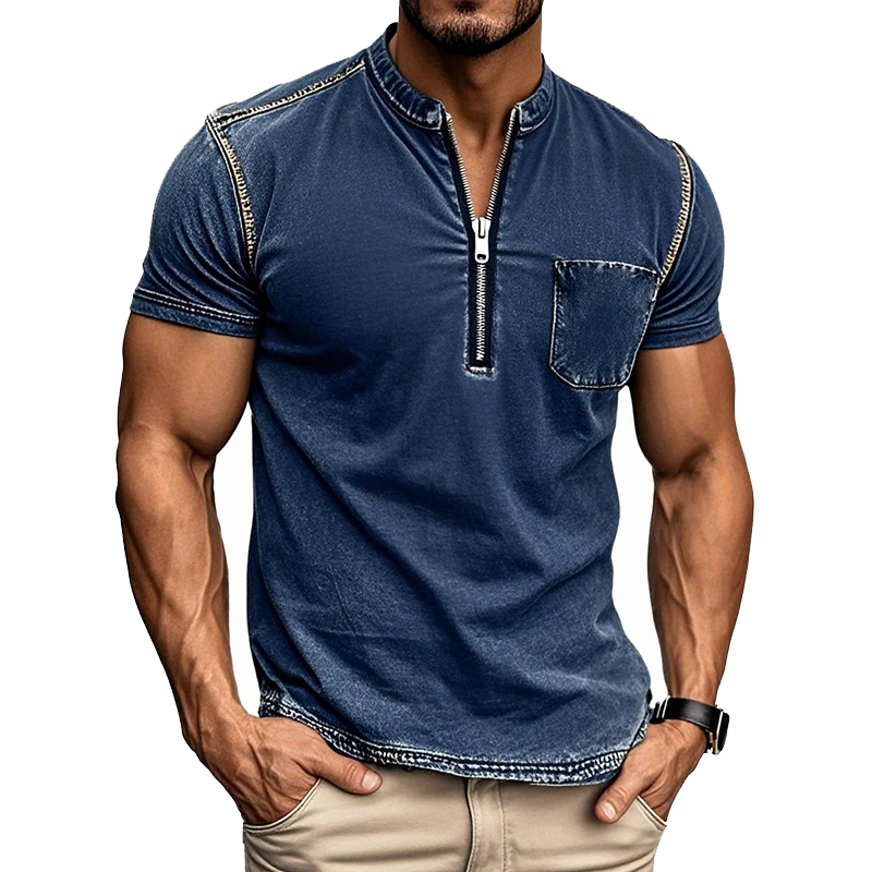 Men's Distressed Washed Soft Denim Zipper Henley Collar Short-sleeved T-shirt MTA0193G1Y