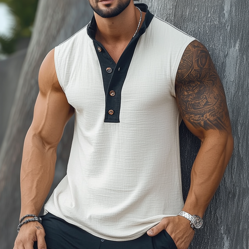 Men's Casual Breathable Colorblock Cotton Linen Button Stand Collar Pullover Loose Tank Top MTA2508F7M
