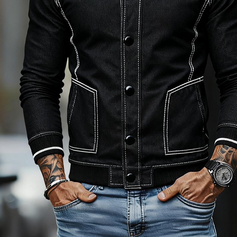 Men's Casual Color-blocked Washed Baseball Collar Button Jacket MTA2919J8X