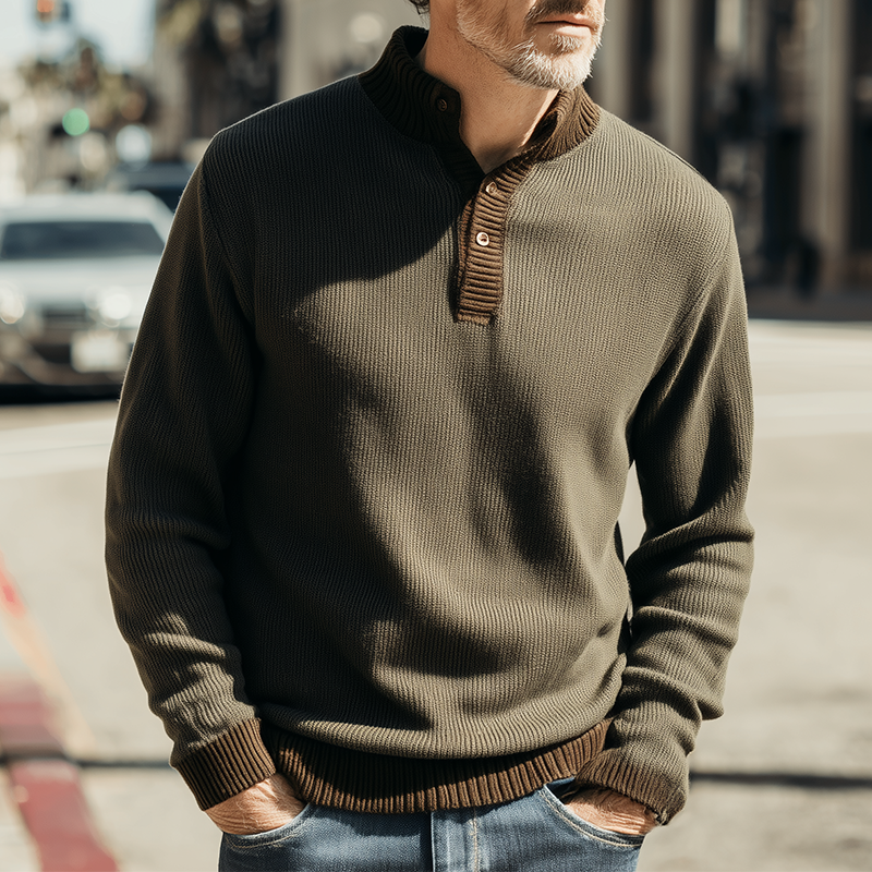 Men's Autumn And Winter Simple Knitted Henley Collar Warm Sweater MTA0880I3P