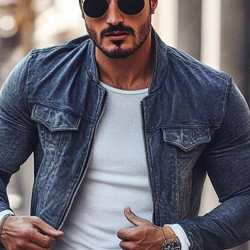 Men's Stylish Motorcycle Washed Stand Collar Zipper Denim Jacket MTA2536G4X