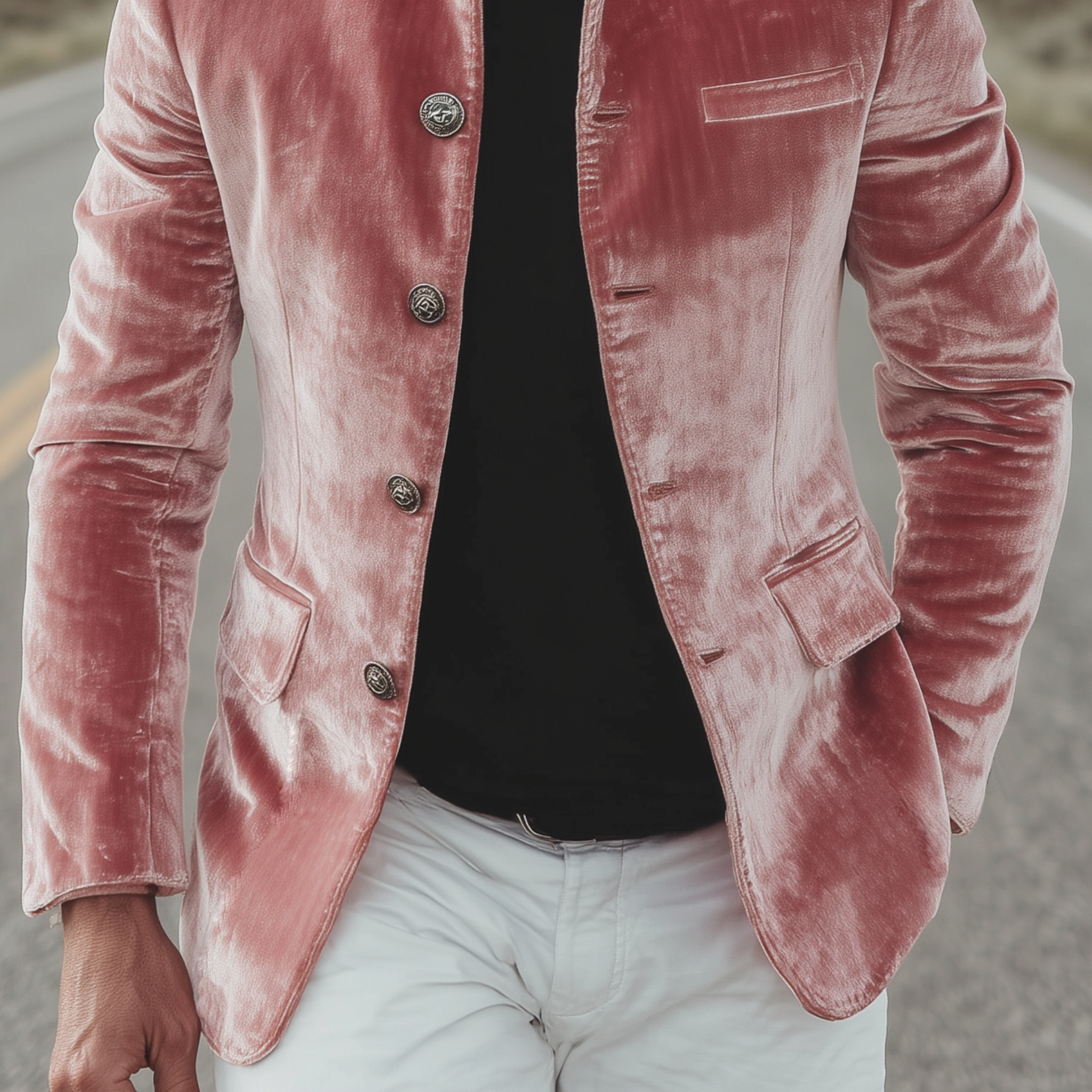 Men's Classic American Retro Stand Collar Button Pink Velvet Slim Jacket MTA1953H8K