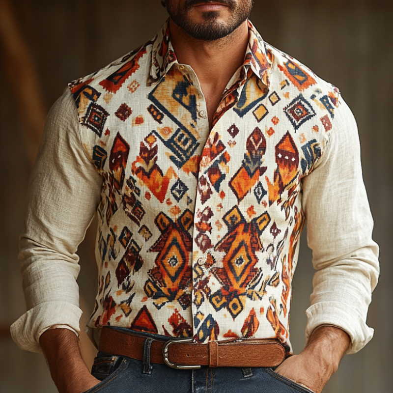 Men's Retro Lapel Cotton and Linen Printed Long Sleeve Shirt 74772330F